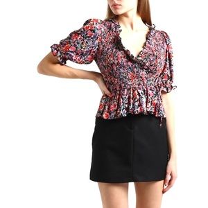 Top shop Floral Wrap Top Side Ties has 3/4 Puff Sleeve and Ruffle Neckline Sz 2
